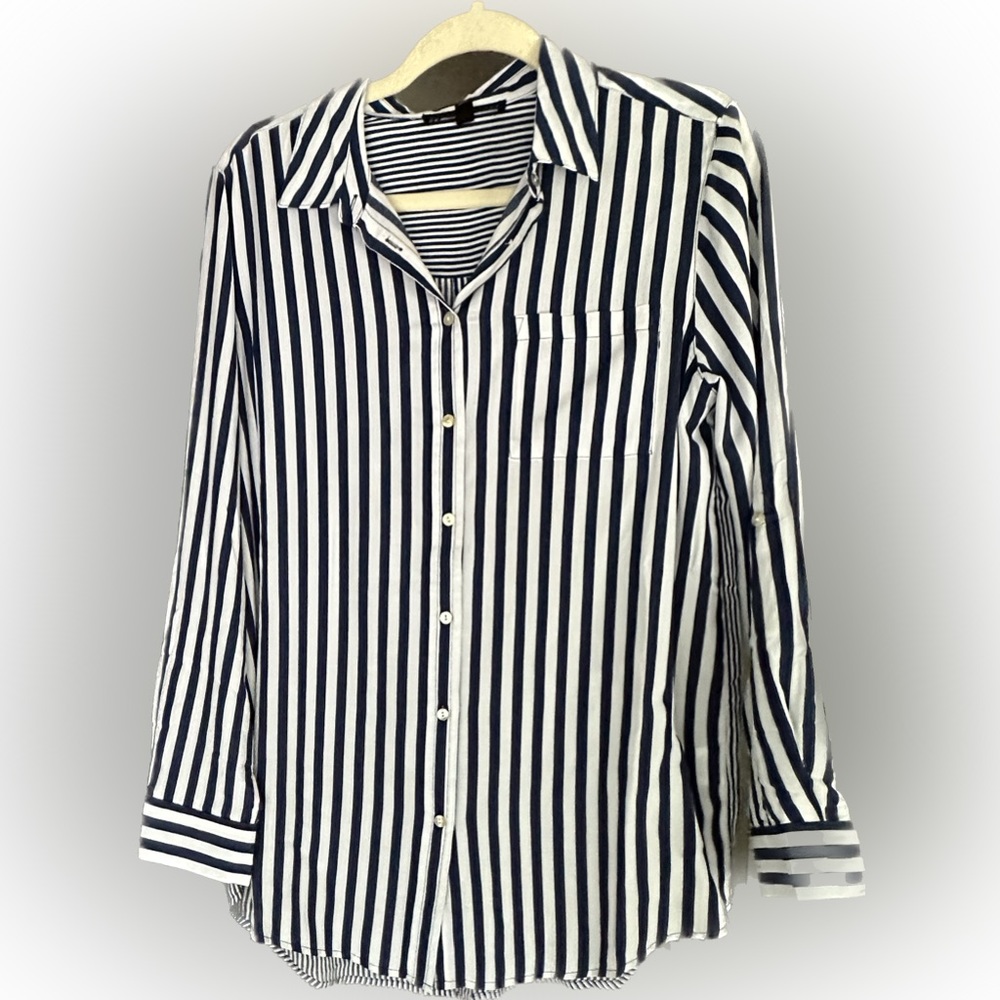 Navy & white ticking stripped blouse size M